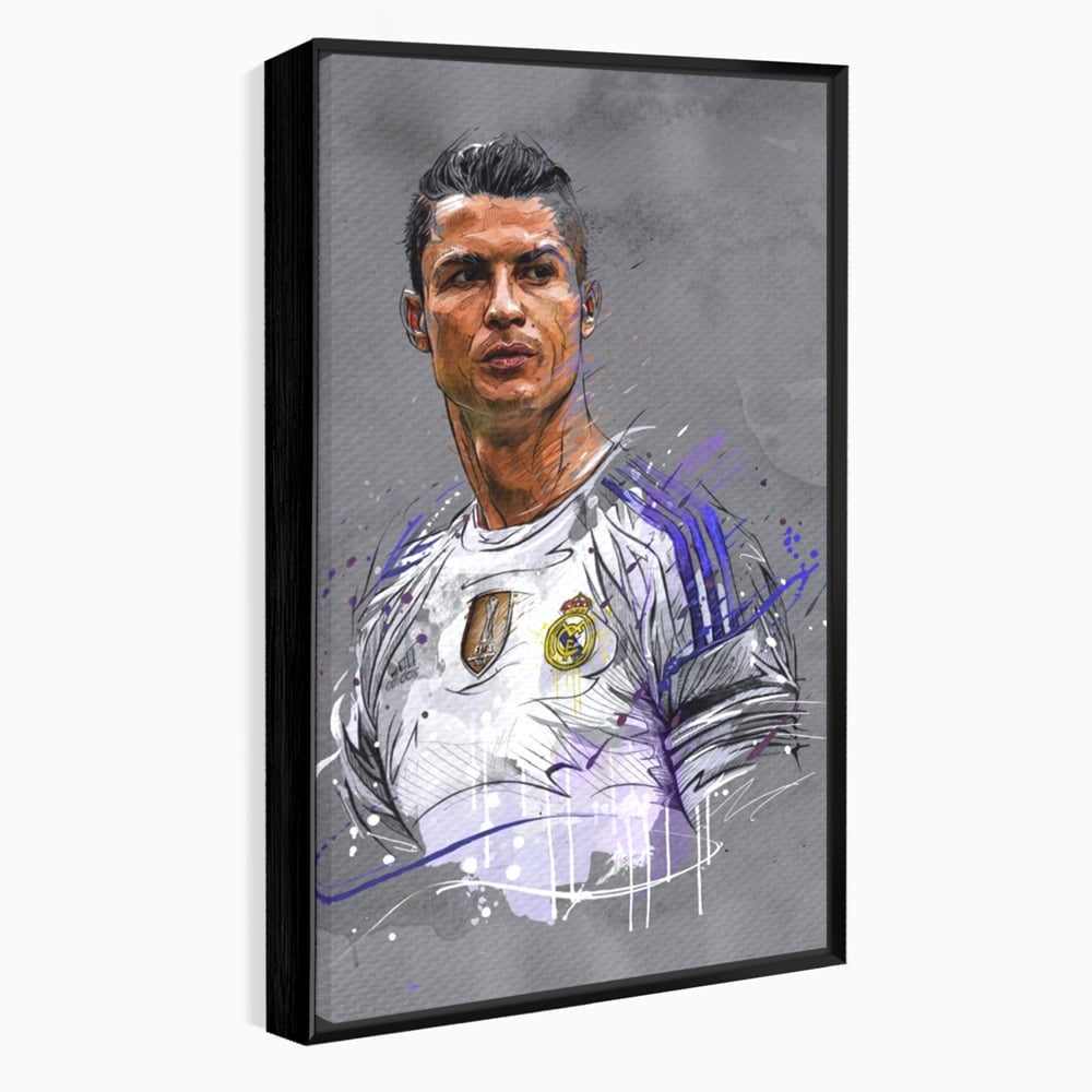 Tablou canvas cu tablou canvas cu cristiano ronaldo in tricoul real madrid, in rama de aluminiu negru